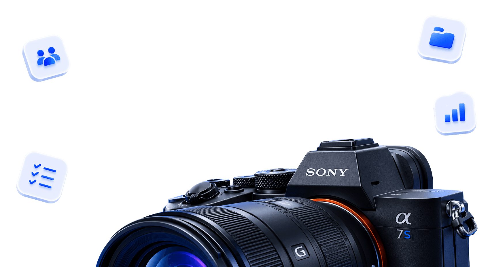 Sony Alpha camera surrounded by floating media-management app icons
